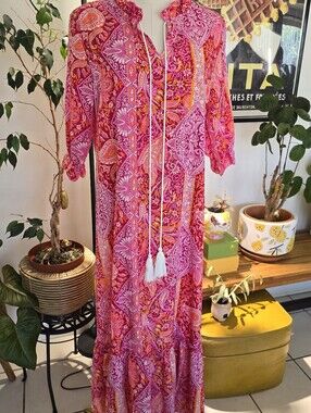 Boho Paisley Tassel Tie Maxi Dress Pink Orange Size L